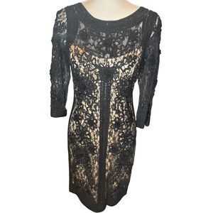 Sue Wong Black Heavily Embroidered Lace Dress Lined 3/4 Sleeve Cocktail Sz 10